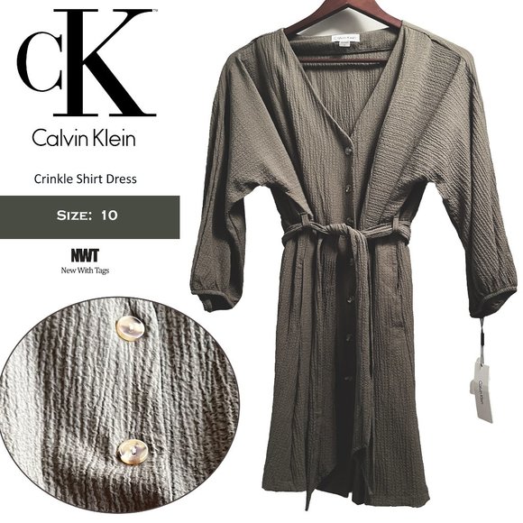 NWT: Calvin Klein Crinkle Belted Shirt Dress - Picture 1 of 10
